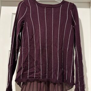 Women's  Burgundy Striped Top, suprise back with sheer pleated back